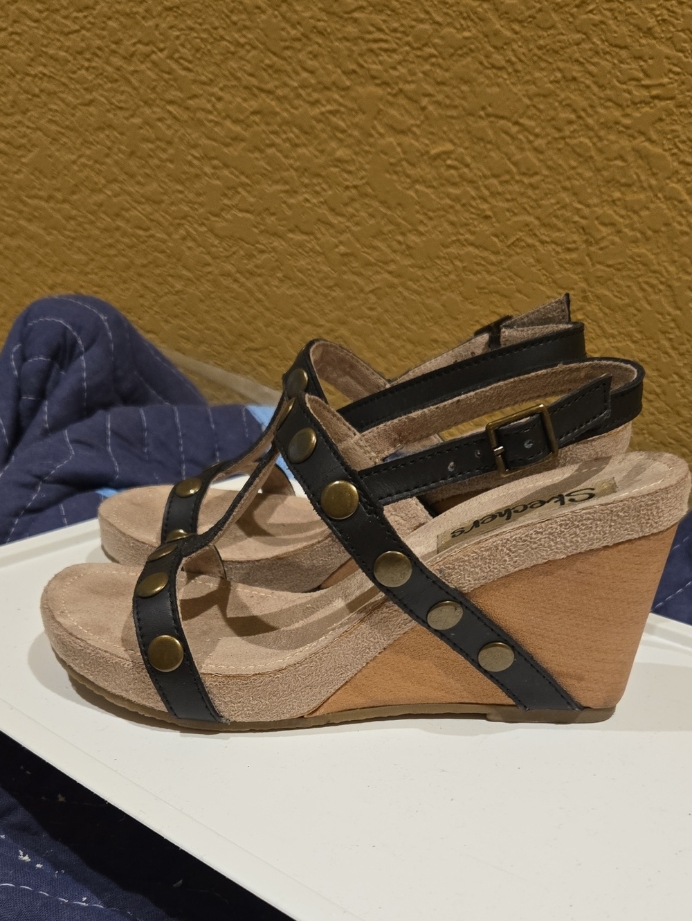 Skechers Black T-Strap Wedge Sandals with Brass Studs